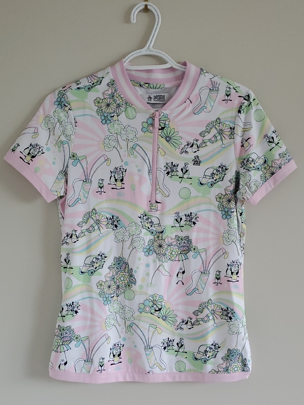 Penguin Pink Floral Golf Print Short Sleeve Half Zip Top Sz S Girly Pastel